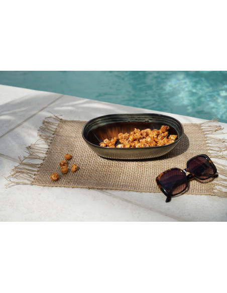 Saladier rustique chic Ovale 25 cm Céramique Vert de gris Marron foncé Beige The Comporta 
