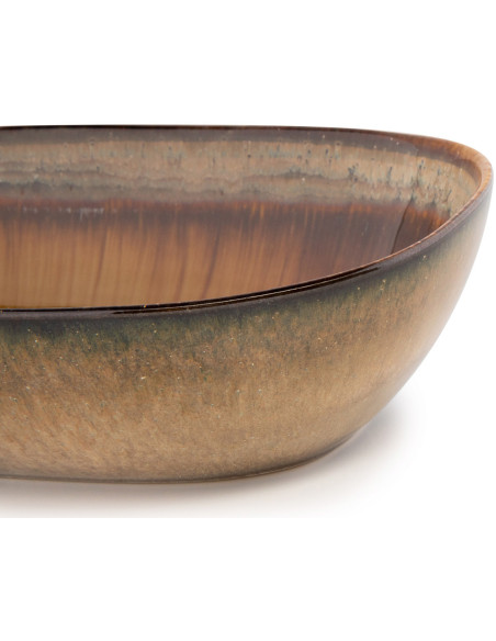 Saladier rustique chic Ovale 25 cm Céramique Vert de gris Marron foncé Beige The Comporta 