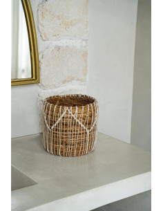 Panier de rangement original macramé Rond 17x19 en Feuille de bananier Naturel Coton Blanc The Macra-mazing 
