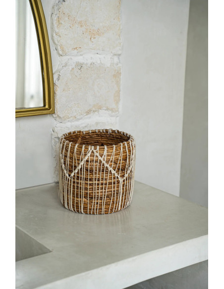 Panier de rangement original macramé Rond 17x19 en Feuille de bananier Naturel Coton Blanc The Macra-mazing 