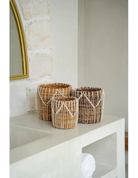 Panier de rangement original macramé Rond 17x19 en Feuille de bananier Naturel Coton Blanc The Macra-mazing 