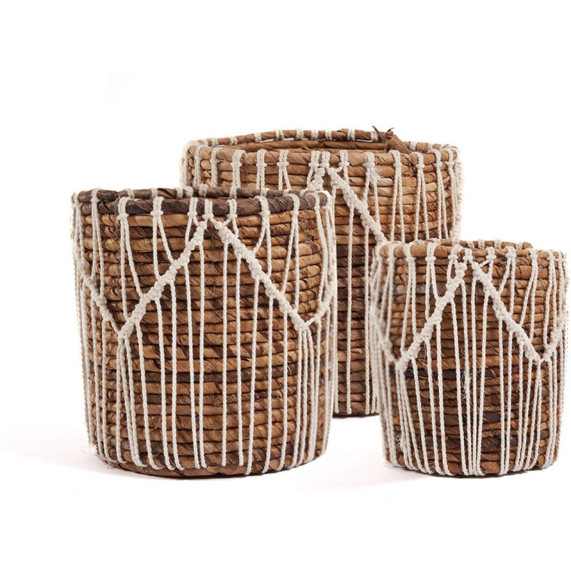 Panier de rangement original macramé Rond 17x19 en Feuille de bananier Naturel Coton Blanc The Macra-mazing 