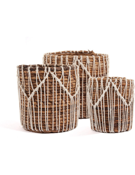 Panier de rangement original macramé Rond 17x19 en Feuille de bananier Naturel Coton Blanc The Macra-mazing 