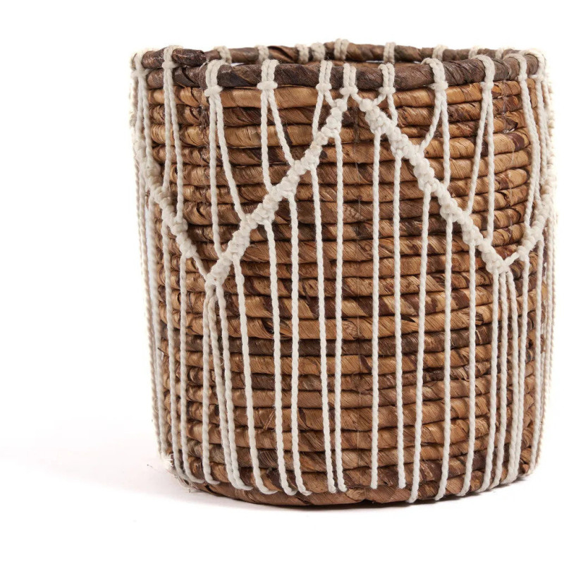 Panier de rangement original macramé Rond 17x19 en Feuille de bananier Naturel Coton Blanc The Macra-mazing 