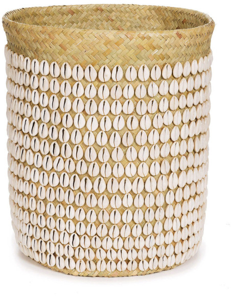 Panier de rangement bohème chic Rond 34 cm Fibre végétale Naturel Tressé Coquillage cauris The Pandan 