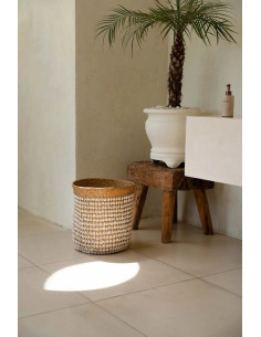 Panier de rangement bohème chic Rond 34 cm Fibre végétale Naturel Tressé Coquillage cauris The Pandan 