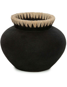 Vase Rond Hauteur 19 cm en Terre cuite Noir Raphia Naturel The Styly 