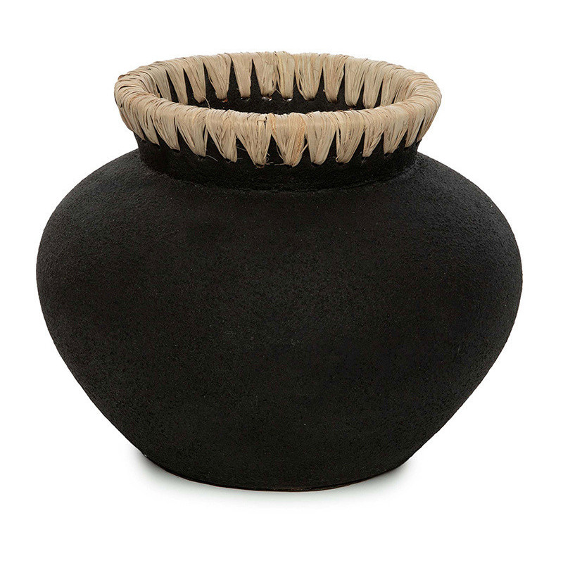 Vase Rond Hauteur 19 cm en Terre cuite Noir Raphia Naturel The Styly 