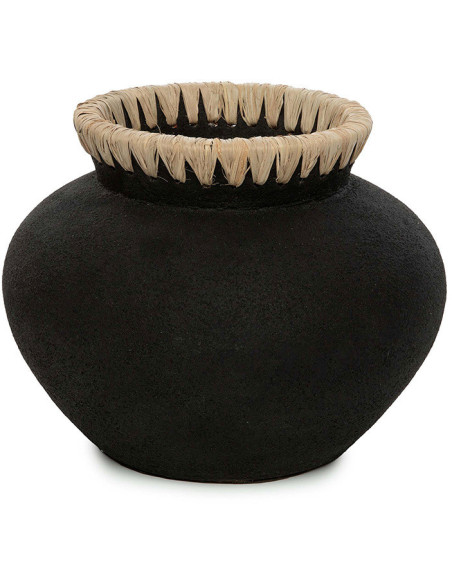 Vase Rond Hauteur 19 cm en Terre cuite Noir Raphia Naturel The Styly 
