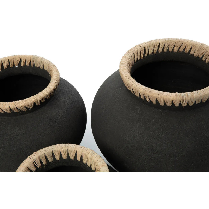 Vase Rond Hauteur 19 cm en Terre cuite Noir Raphia Naturel The Styly 