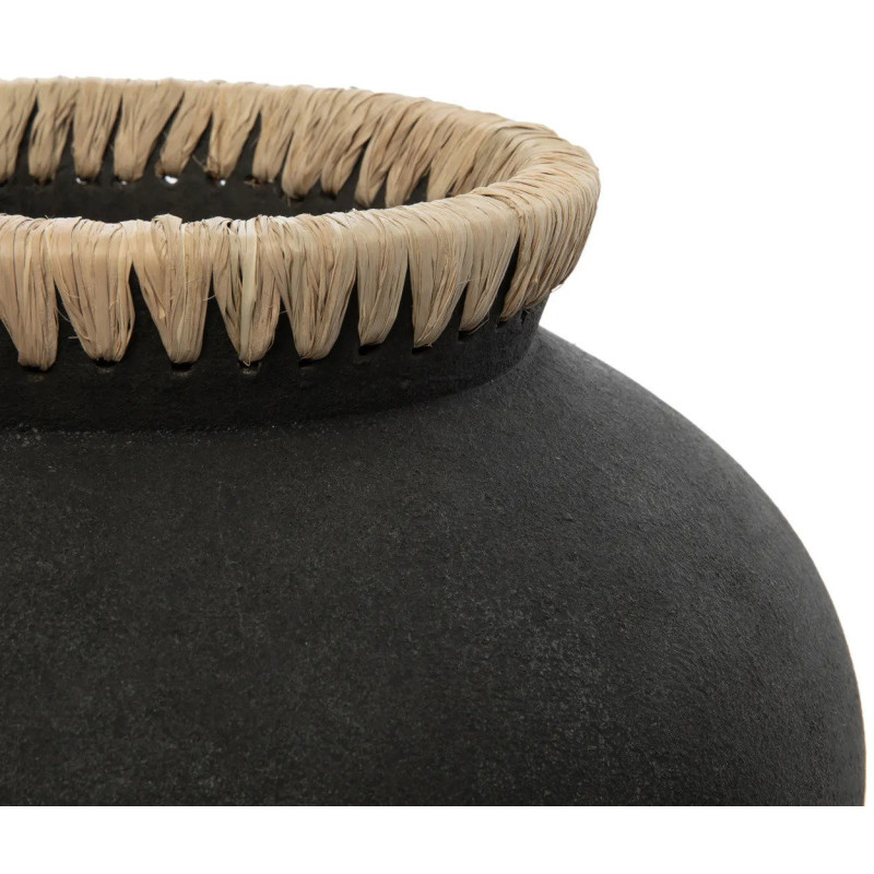 Vase Rond Hauteur 19 cm en Terre cuite Noir Raphia Naturel The Styly 
