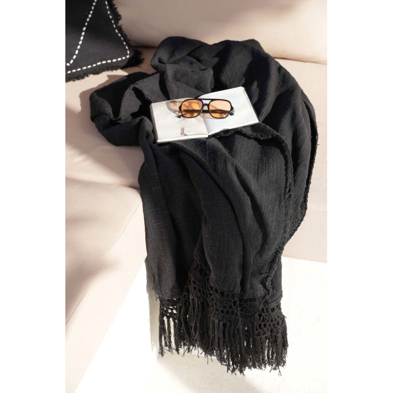 Plaid XXL original Bohème chic 260x122 en Coton Noir Avec franges The Gypsy 