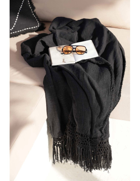 Plaid XXL original Bohème chic 260x122 en Coton Noir Avec franges The Gypsy 