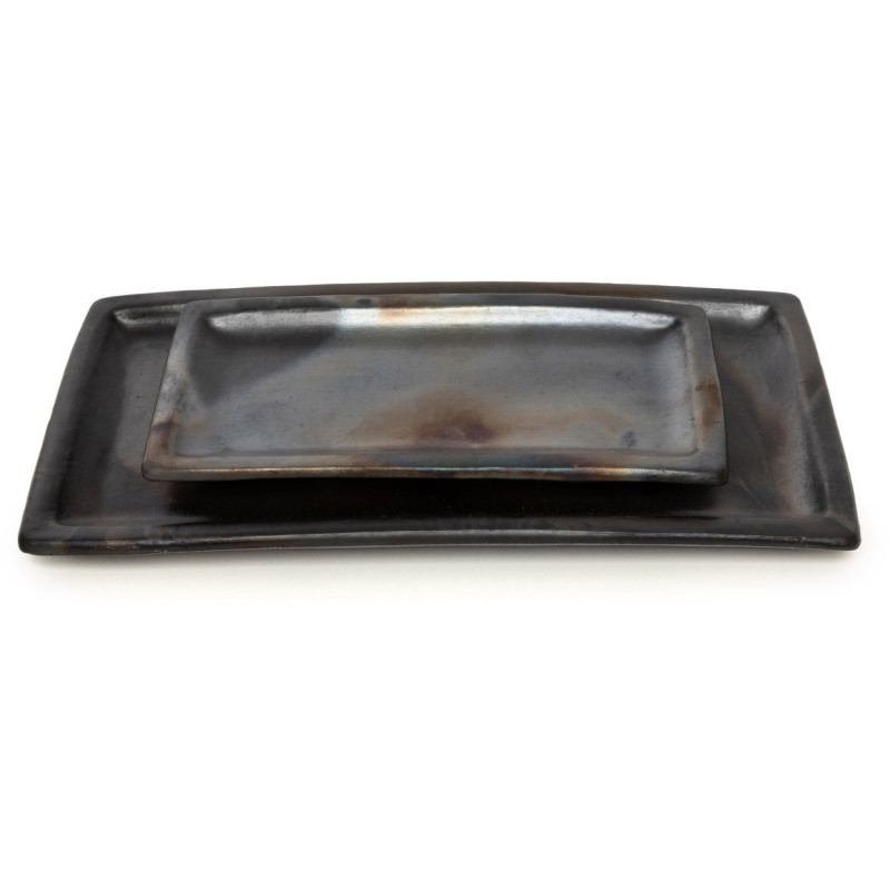 Plat de service à sushis rectangulaire 36 cm Terre cuite Noir Effet brulé The Burned 