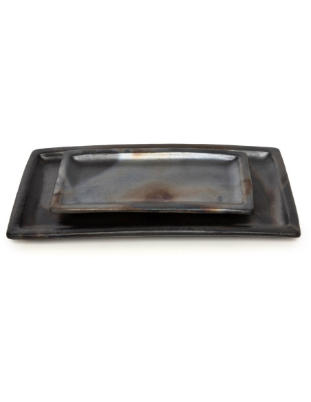 Plat de service à sushis rectangulaire 36 cm Terre cuite Noir Effet brulé The Burned 