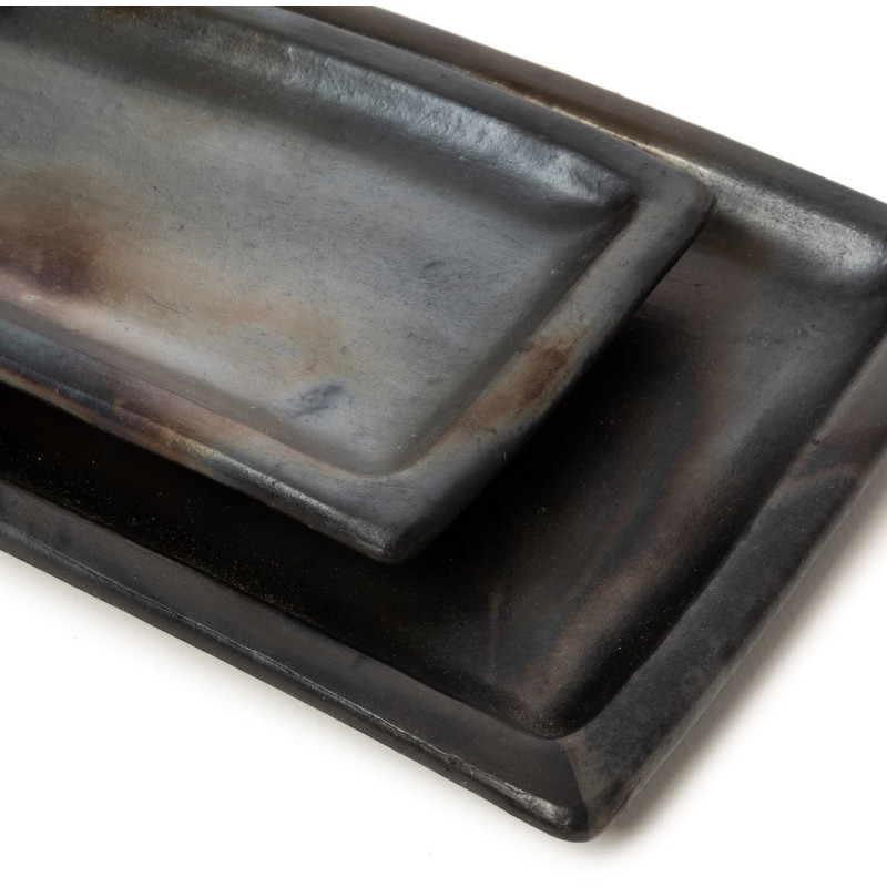 Plat de service à sushis rectangulaire 36 cm Terre cuite Noir Effet brulé The Burned 