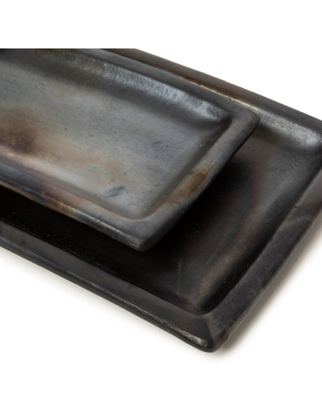 Plat de service à sushis rectangulaire 36 cm Terre cuite Noir Effet brulé The Burned 