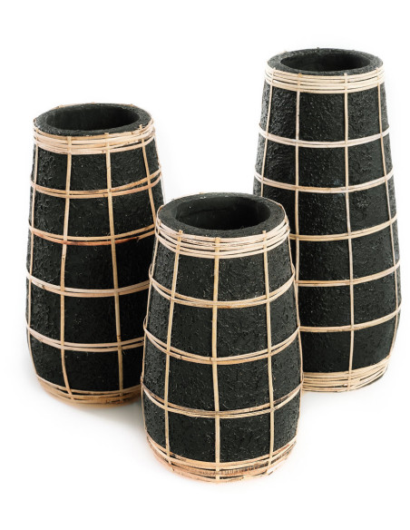 Vase Rond Hauteur 31 cm en Terre cuite Noir Raphia Naturel The Cutie 