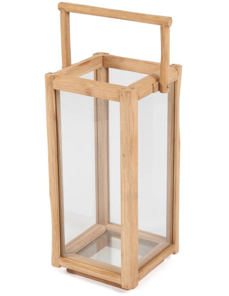 Lanterne de jardin XL originale Carrée Hauteur 60 cm en Bois de teck recyclé Naturel Verre Transparent The Nusa Penida 