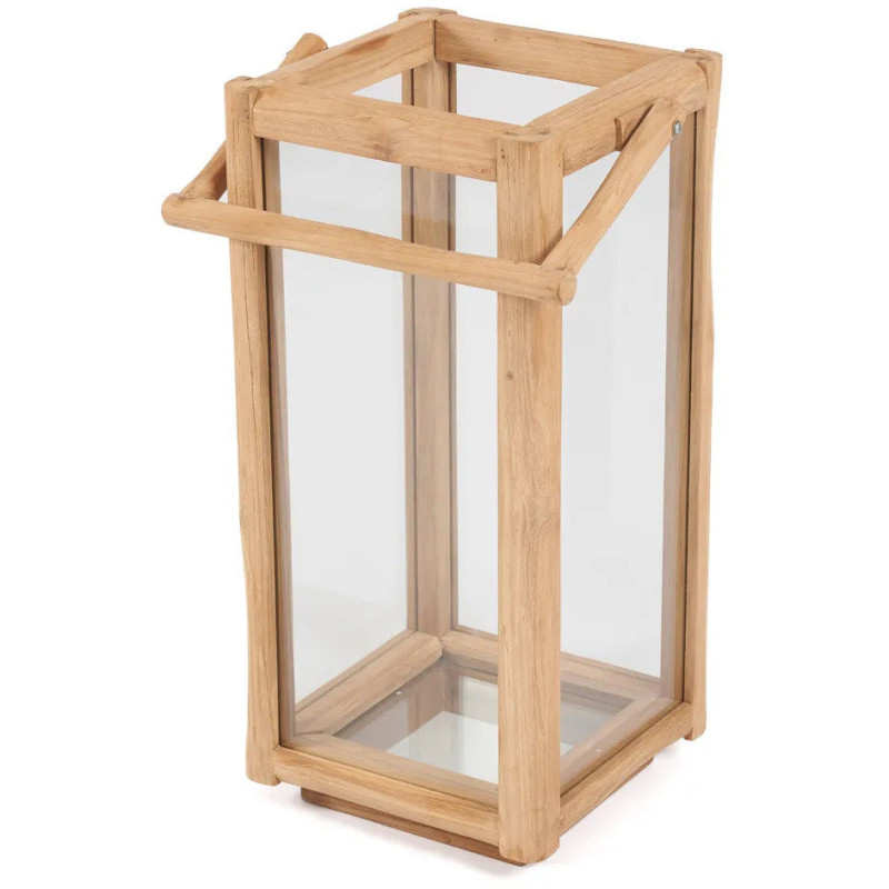 Lanterne de jardin XL originale Carrée Hauteur 60 cm en Bois de teck recyclé Naturel Verre Transparent The Nusa Penida 