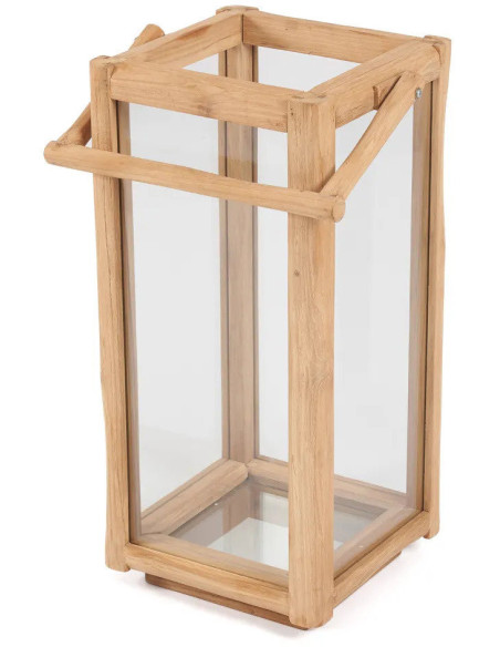 Lanterne de jardin XL originale Carrée Hauteur 60 cm en Bois de teck recyclé Naturel Verre Transparent The Nusa Penida 