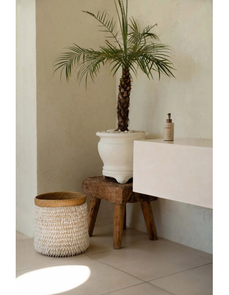 Panier de rangement bohème chic Rond 34 cm Fibre végétale Naturel Tressé Coquillage ajouré The Pandan 