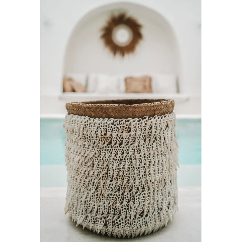 Panier de rangement bohème chic Rond 34 cm Fibre végétale Naturel Tressé Coquillage ajouré The Pandan 