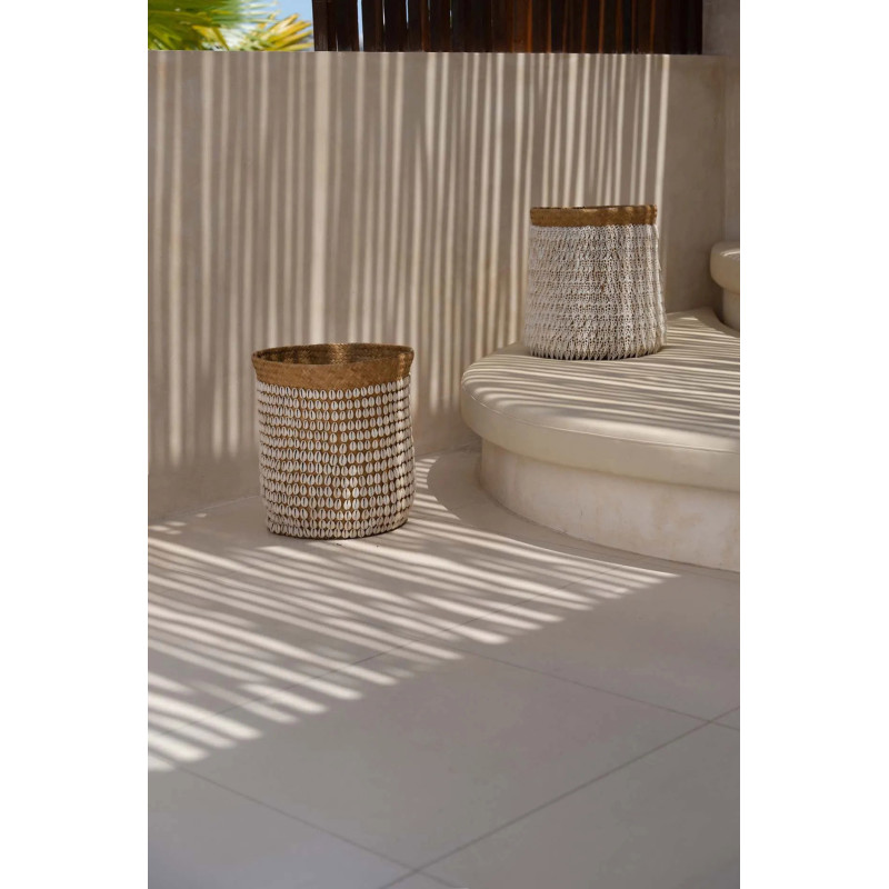 Panier de rangement bohème chic Rond 34 cm Fibre végétale Naturel Tressé Coquillage ajouré The Pandan 