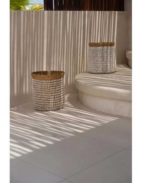 Panier de rangement bohème chic Rond 34 cm Fibre végétale Naturel Tressé Coquillage ajouré The Pandan 