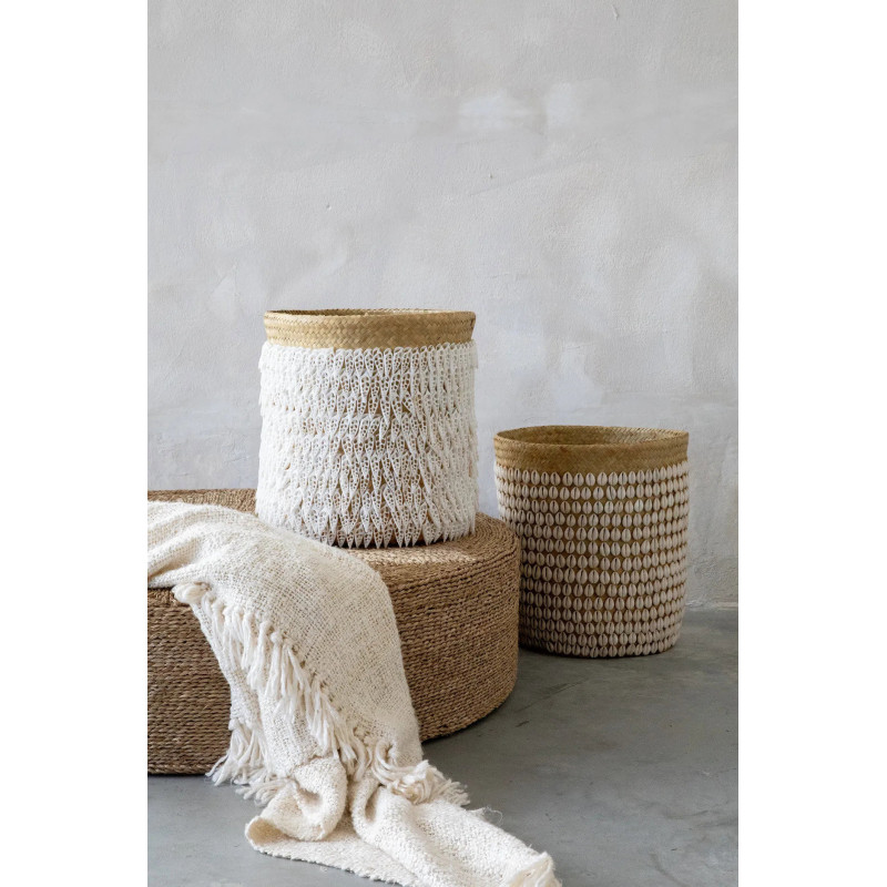 Panier de rangement bohème chic Rond 34 cm Fibre végétale Naturel Tressé Coquillage ajouré The Pandan 