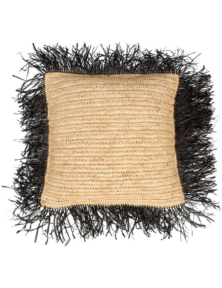 Housse de coussin Carrée 40x40 en Raphia Naturel Noir avec franges The Raffia Square