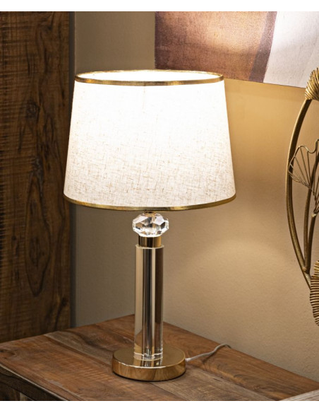 Lampe à poser design chic H 52 cm Verre Transparent Métal Doré Tissu Beige Praga