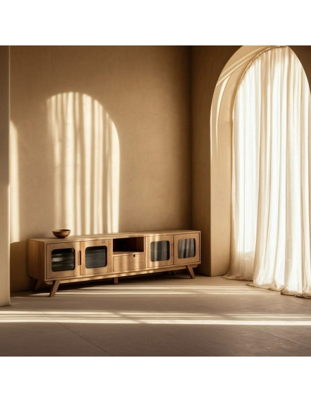 Grand Meuble de télé moderne 4 portes 1 tiroir 1 niche en Bois de manguier Naturel Verre Noir Semi transparent Burnie