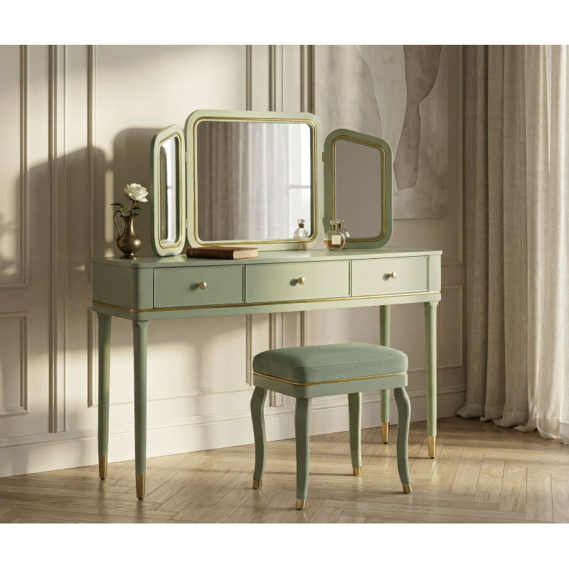 TOLETTA CAMILLE CON SPECCHIO E SGABELLO VERDE CM 120X37X79-104X2,5X56-44X34X48 