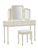 Coiffeuse blanche et dorée en bois de pin, MDF et miroir avec tabouret 120 x 37 x 79 cm Camille