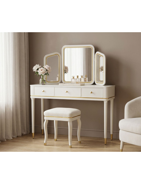 TOLETTA CAMILLE CON SPECCHIO E SGABELLO BIANCA CM 120X37X79-104X2,5X56-44X34X48 