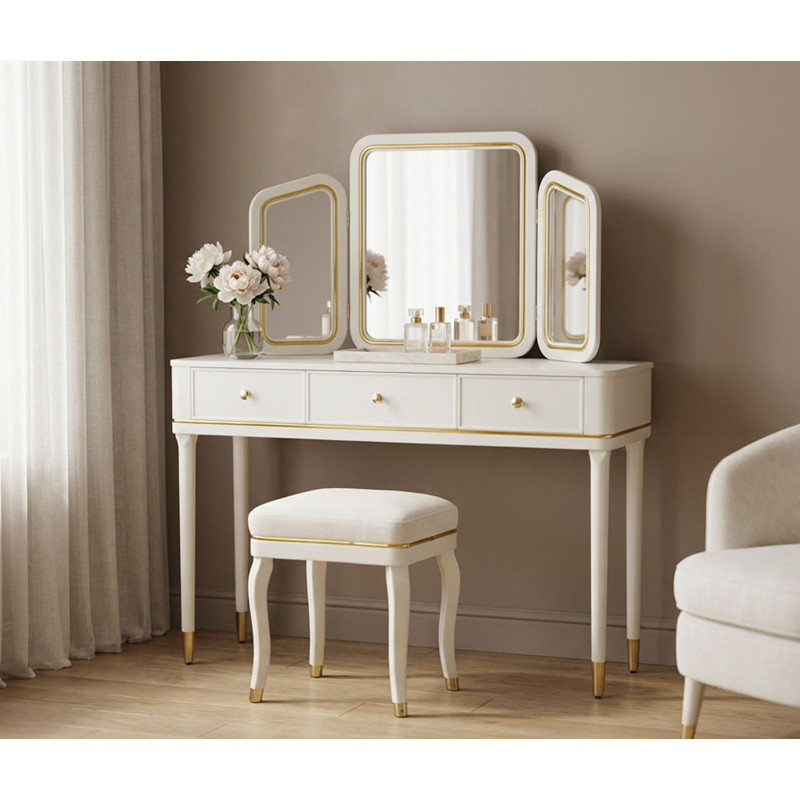 TOLETTA CAMILLE CON SPECCHIO E SGABELLO BIANCA CM 120X37X79-104X2,5X56-44X34X48 