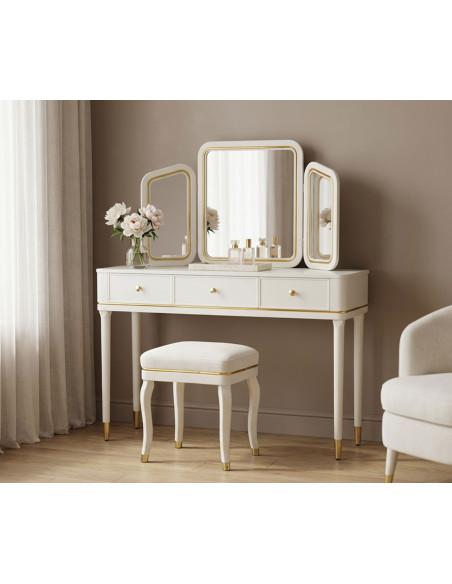TOLETTA CAMILLE CON SPECCHIO E SGABELLO BIANCA CM 120X37X79-104X2,5X56-44X34X48 