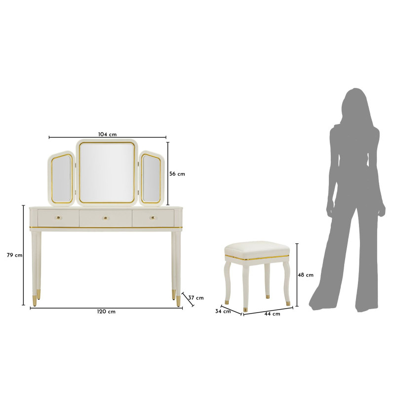 TOLETTA CAMILLE CON SPECCHIO E SGABELLO BIANCA CM 120X37X79-104X2,5X56-44X34X48 
