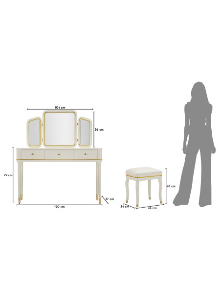 TOLETTA CAMILLE CON SPECCHIO E SGABELLO BIANCA CM 120X37X79-104X2,5X56-44X34X48 