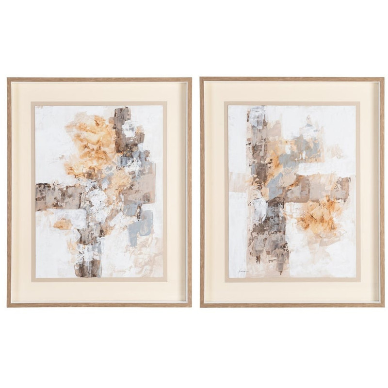 Lot de 2 Grandes Toiles murales peintes sous verre motif abstrait Cadre en bois d'ayous naturel 80x100 Minéra
