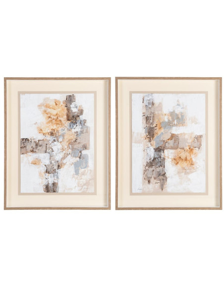 Lot de 2 Grandes Toiles murales peintes sous verre motif abstrait Cadre en bois d'ayous naturel 80x100 Minéra