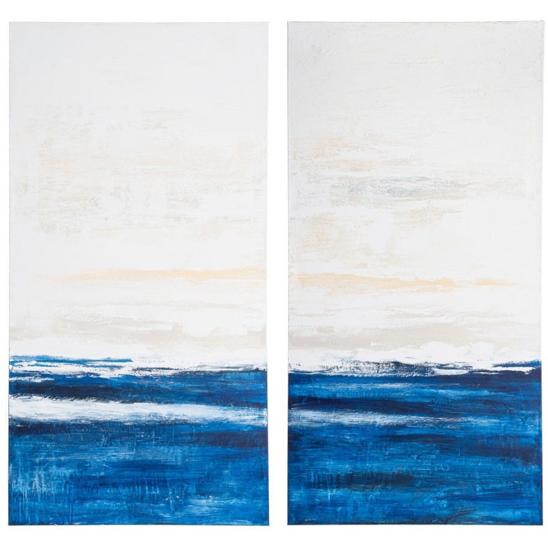 Lot de 2 Grandes Toiles murales peintes design marin 90x180 Bleu Beige Horizéna