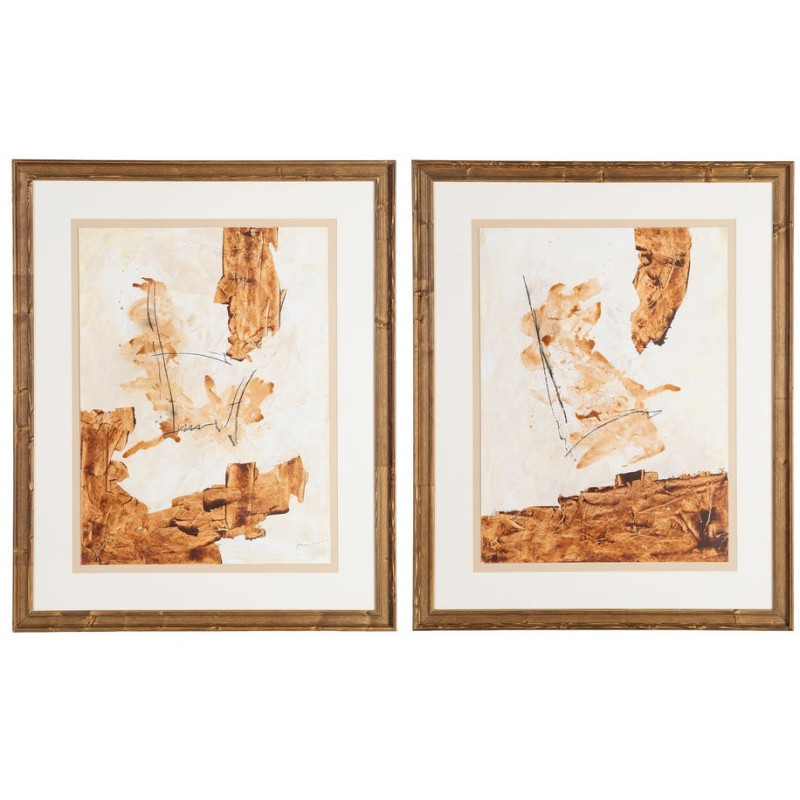 Lot de 2 Grandes Toiles murales peintes sous verre motif abstrait Cadre en bois de pin abouté 80x100 Ocréa
