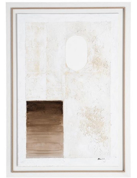 Grande Toile murale peinte design abstrait 112x162 Cadre en bois d'ayous Beige Blanc Marron Silenci