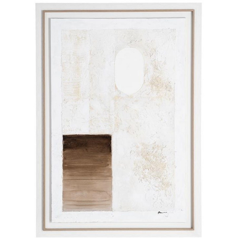 Grande Toile murale peinte design abstrait 112x162 Cadre en bois d'ayous Beige Blanc Marron Silenci