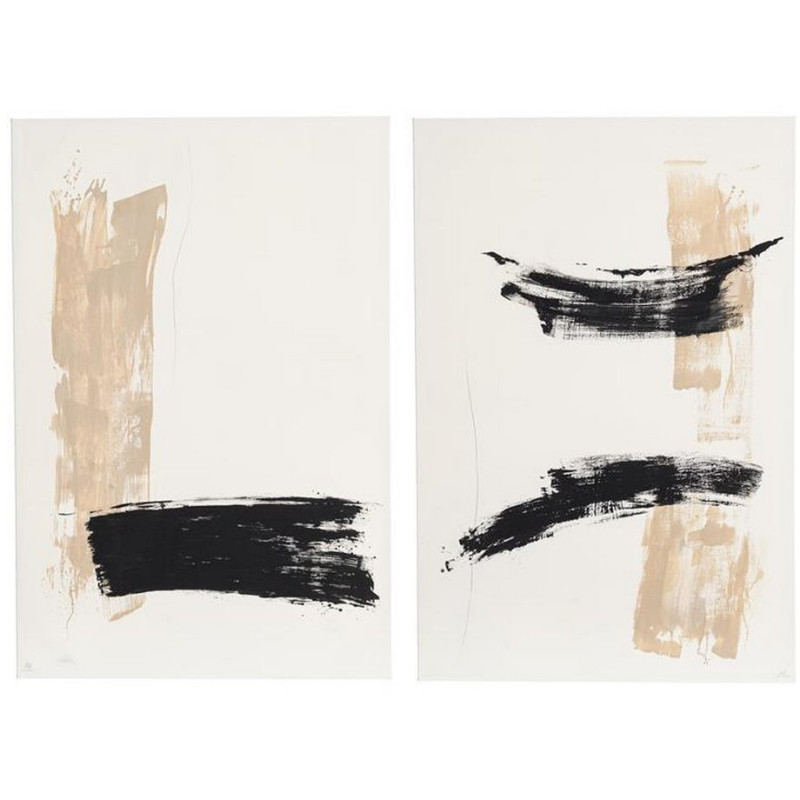 Lot de 2 Grandes Toiles murales peintes style abstrait 80x120 Beige Noir Brutéa