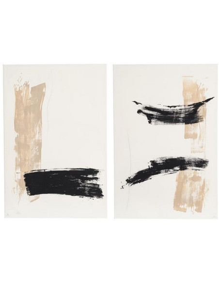 Lot de 2 Grandes Toiles murales peintes style abstrait 80x120 Beige Noir Brutéa