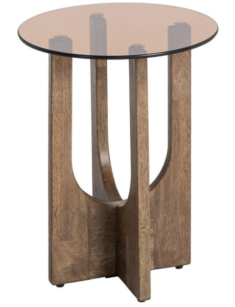Table d'appoint style mid-century moderne Ronde 40 cm Bois d'hévéa Marron Verre trempé Ambre Amy 