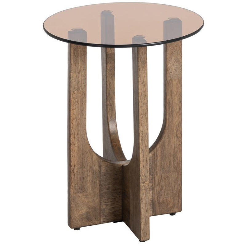 Table d'appoint style mid-century moderne Ronde 40 cm Bois d'hévéa Marron Verre trempé Ambre Amy 
